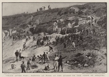 Vrede na oorlog, inboorlingen aan het werk in de steengroeve op de helling van Amajuba